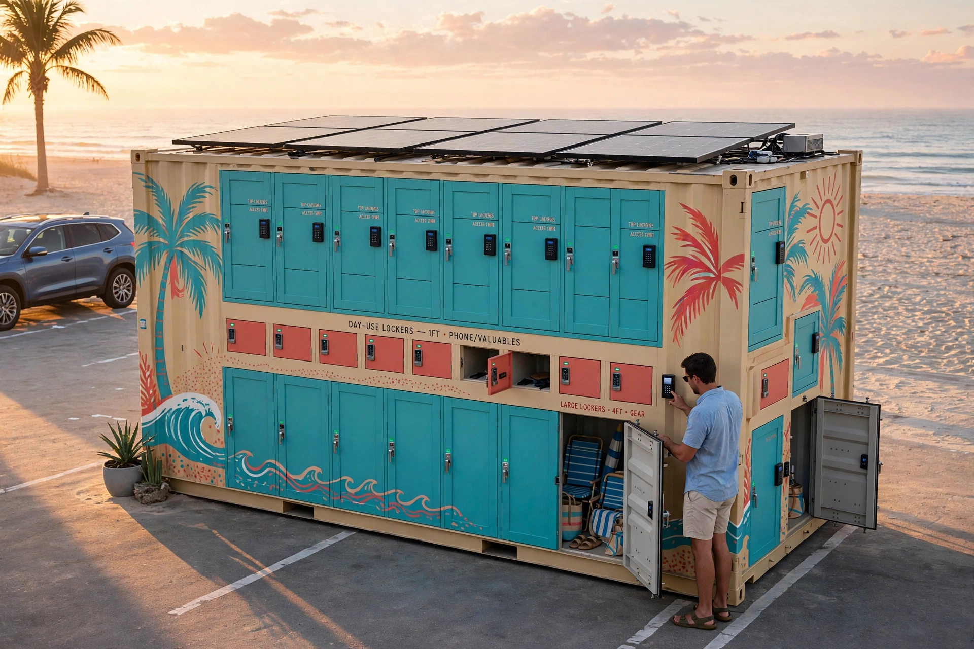 Concept rendering of a Mobile Beach Lockers station in soft morning light